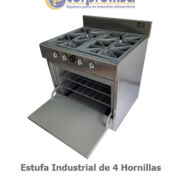 ESTUFA INDUSTRIAL DE 4 HORNILLAS CON HORNO TODA DE ACERO INOX