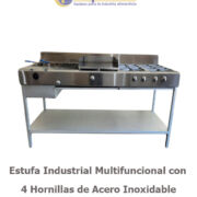 ESTUFA INDUSTRIAL MULTIFUNCIONAL CON 4 HORNILLAS DE ACERO INOXIDABLE