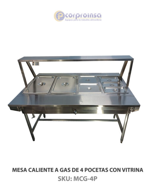 MESA CALIENTE A GAS DE 4 POCETAS CON VITRINA P01A