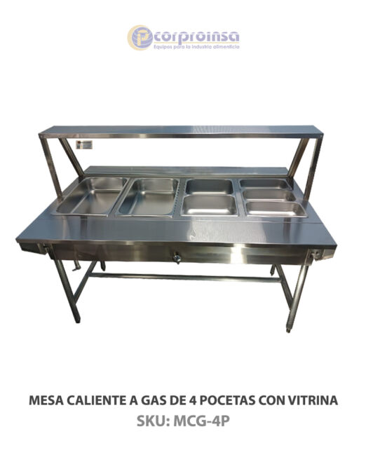 MESA CALIENTE A GAS DE 4 POCETAS CON VITRINA P02A