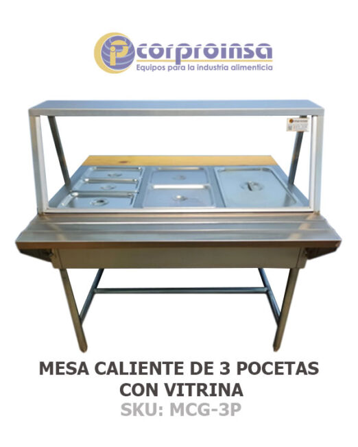 Mesa caliente de 3 pocetas con vitrina 22