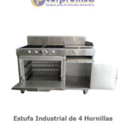 ESTUFA INDUSTRIAL 4 HORNILLAS, CON HORNO, PLANCHA 20X24, GRATINADORA Y GABINETE