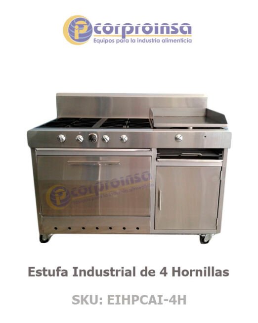 ESTUFA INDUSTRIAL 4 HORNILLAS, CON HORNO, PLANCHA 20X24, GRATINADORA Y GABINETE