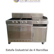 ESTUFA INDUSTRIAL 4 HORNILLAS, CON HORNO, PLANCHA 20X24, GRATINADORA Y GABINETE