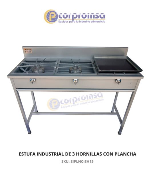 ESTUFA INDUSTRIAL DE 3 HORNILLAS CON PLANCHA