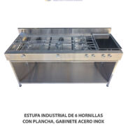 ESTUFA INDUSTRIAL DE 6 HORNILLAS CON PLANCHA,  GABINETE ACERO INOX