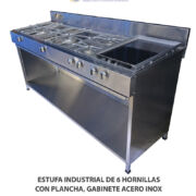 ESTUFA INDUSTRIAL DE 6 HORNILLAS CON PLANCHA,  GABINETE ACERO INOX