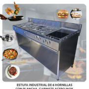 ESTUFA INDUSTRIAL DE 6 HORNILLAS CON PLANCHA,  GABINETE ACERO INOX