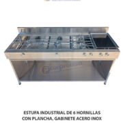 ESTUFA INDUSTRIAL DE 6 HORNILLAS CON PLANCHA,  GABINETE DE ACERO INOXIDABLE