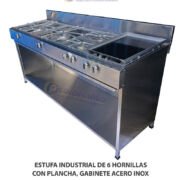 ESTUFA INDUSTRIAL DE 6 HORNILLAS CON PLANCHA,  GABINETE DE ACERO INOXIDABLE