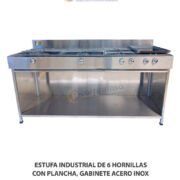ESTUFA INDUSTRIAL DE 6 HORNILLAS CON PLANCHA,  GABINETE DE ACERO INOXIDABLE