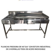 PLANCHA FREIDORA DE 48″X26″ CON ESTUFA INDUSTRIAL DE 2 HORNILLAS TODA DE ACERO INOXIDABLE