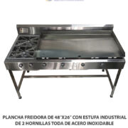 PLANCHA FREIDORA DE 48″X26″ CON ESTUFA INDUSTRIAL DE 2 HORNILLAS TODA DE ACERO INOXIDABLE