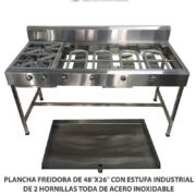 PLANCHA FREIDORA DE 48″X26″ CON ESTUFA INDUSTRIAL DE 2 HORNILLAS TODA DE ACERO INOXIDABLE