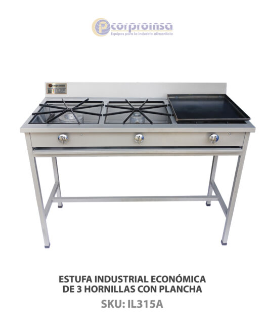 ESTUFA INDUSTRIAL ECONÓMICA DE 3 HORNILLAS CON PLANCHA P01