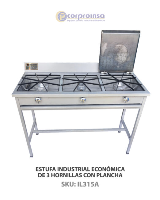 ESTUFA INDUSTRIAL ECONÓMICA DE 3 HORNILLAS CON PLANCHA P02