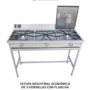 ESTUFA INDUSTRIAL ECONÓMICA DE 3 HORNILLAS CON PLANCHA