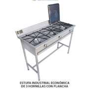 ESTUFA INDUSTRIAL ECONÓMICA DE 3 HORNILLAS CON PLANCHA