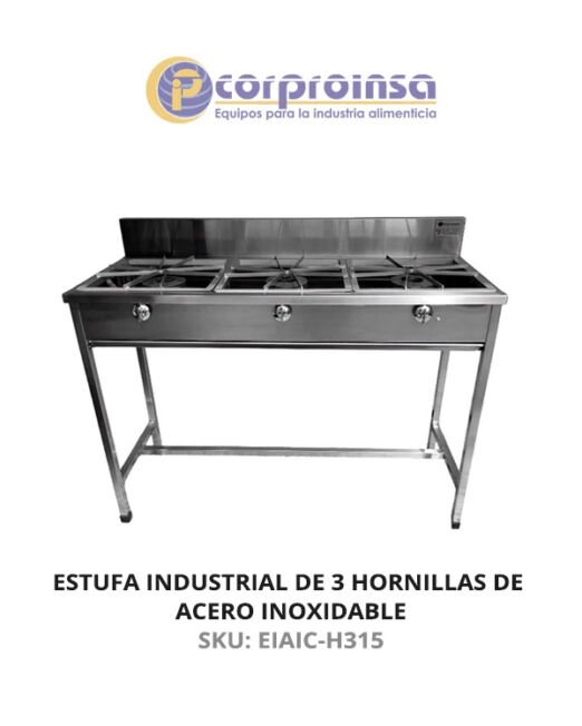 ESTUFA INDUSTRIAL DE 3 HORNILLAS DE ACERO INOXIDABLE
