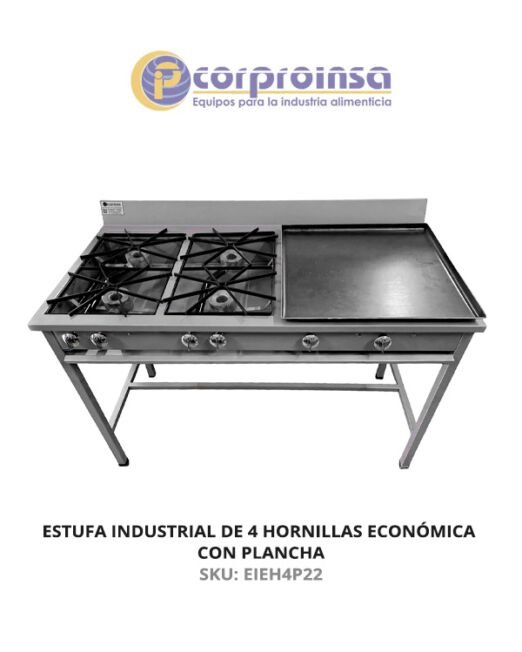 ESTUFA INDUSTRIAL DE 4 HORNILLAS ECONÓMICA CON PLANCHA