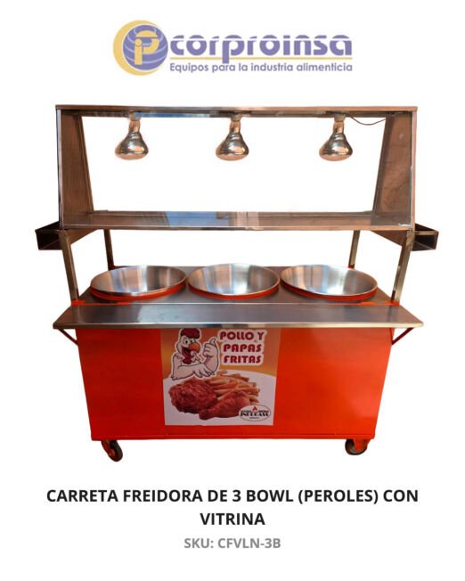 CARRETA FREIDORA DE 3 BOWLS (PEROLES) CON VITRINA